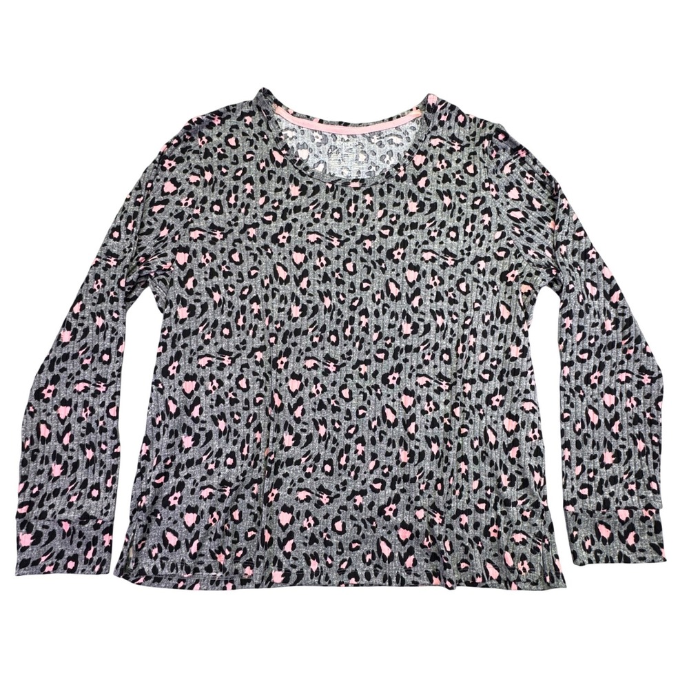 Joyspun Shirt Women's Size XL Ribbed Leopard Print Long Sleeve‎ Gray Pink Cozy